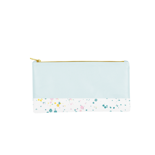 Cute pencil pouch in powder blue with white paint splatter trim and a gold zipper.