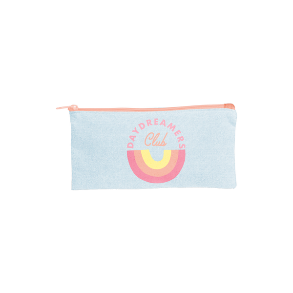 Cute cosmetics pouch in light denim with Daydreamers Club and a rainbow imprint -- Daydreamers