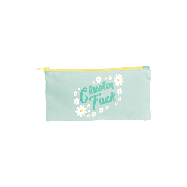 Cute cosmetics or large pencil bag in mint canvas with Cluster Fuck & Daisies imprint -- Cluster Fuck
