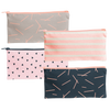 All the Things Pouch is a cute pencil pouch in canvas in navy blue, peach stripes, pink with triangles, and light gray.