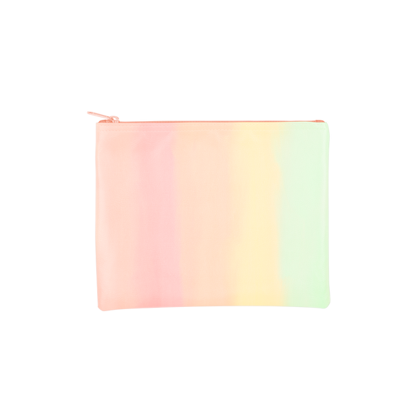 This large pencil pouch is a pastel ombre pattern with a pink zipper. Ombre goes from a peach pink to a light green.