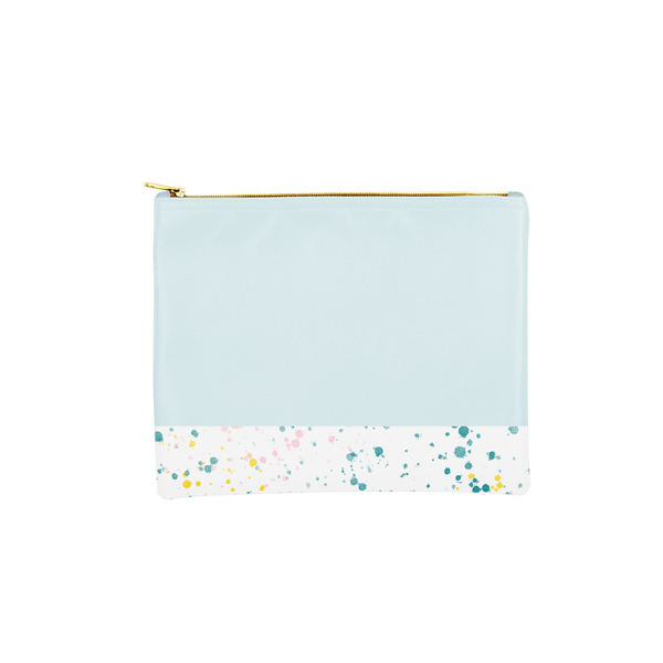 Large makeup pouch in powder blue with a white paint splatter print trim along the bottom.