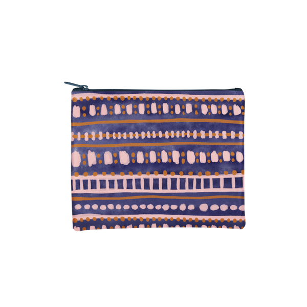 Dollface Pouch is a large pencil pouch in an abstract navy and blush boho pattern.