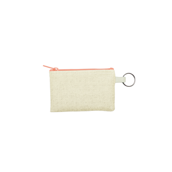 Natural Straw Penny Key Ring is a coin purse key ring in straw material with a silver key ring and peach zipper.