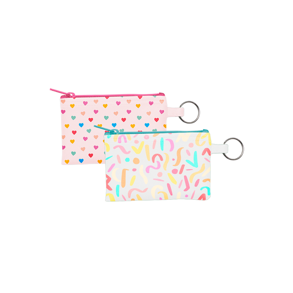 A small mini hearts keyring pouch and a small clear pouch with a multicolored scribble design. 