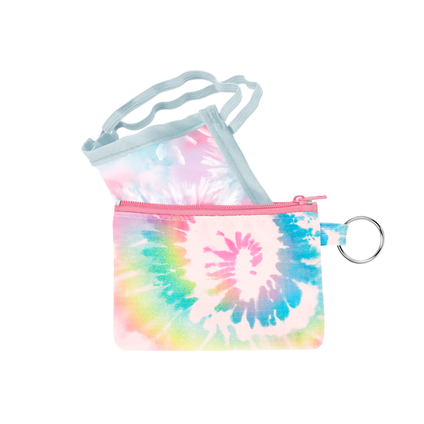 A tie dye facemask with a matching pouch.