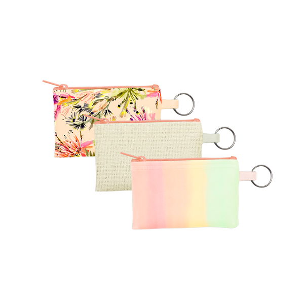 Tropics Collection Penny Key Rings are coin purse keychains in Daybreak, Natural Straw, and Tropical Mess patterns.