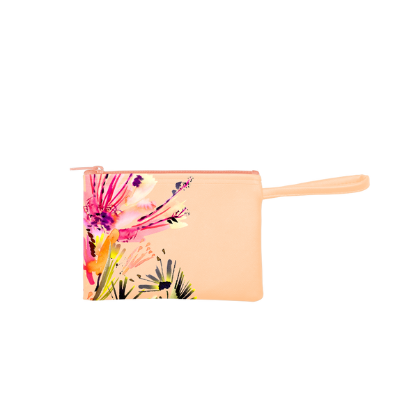 Poptart-To-Go is a small pouch wristlet in peach with a large abstract floral pattern.