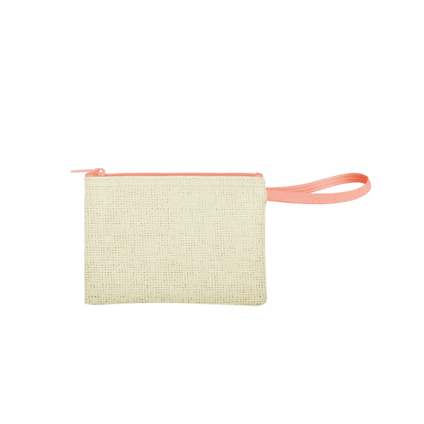 Poptart-To-Go is a small pouch wristlet in natural straw with a peach canvas strap.