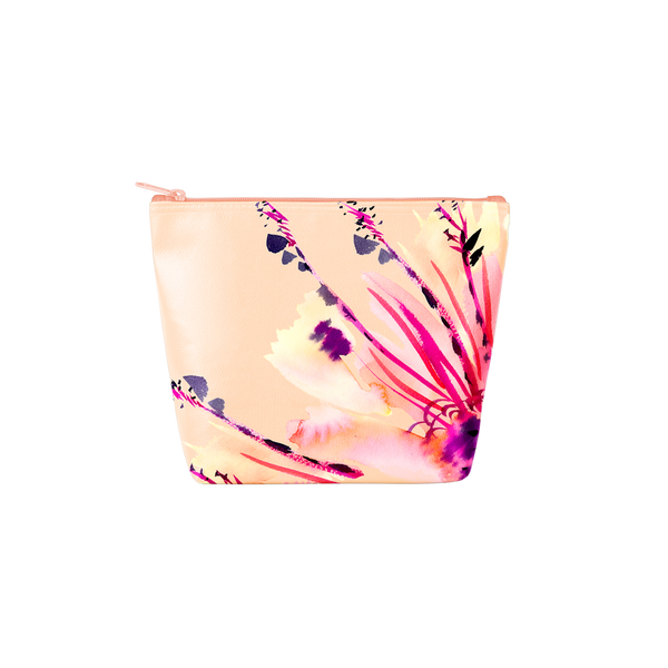 A peach colored back with a tropical flower print on the bottom right of the pouch. Colors of flower are hot pink, purple, light yellow, and orange.