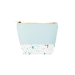 Powder blue, "Tweedle Dum" pouch with a splatter base with a white background color and blue, pink, and yellow splatters.