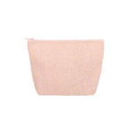 A pink and cream cross-stitched-like bag that is a puff trapezoid shape.