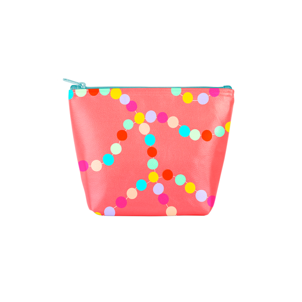 A red pouch with rainbow colored pom poms printed on. Pouch has a bright blue zipper.