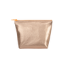 A gold-metallic, medium sized pouch in a puffed trapezoid shape.