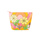 A groovy inspired designed pouch with rainbow arches, curvy lines, and differently designed flowers. Pouch is in pinks, greens, and oranges.