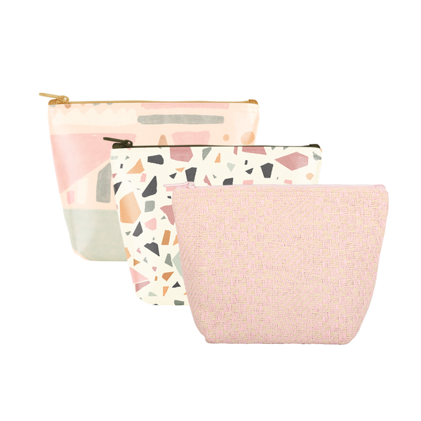 Mutey Fruity Collection Tweedle Dees are cute cosmetics bags in pink straw, terrazzo, and mutey fruity patterns.