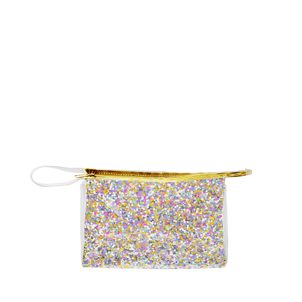 Small travel cosmetics pouch in clear vinyl with rainbow glitter confetti, a gold zipper and small looped strap.