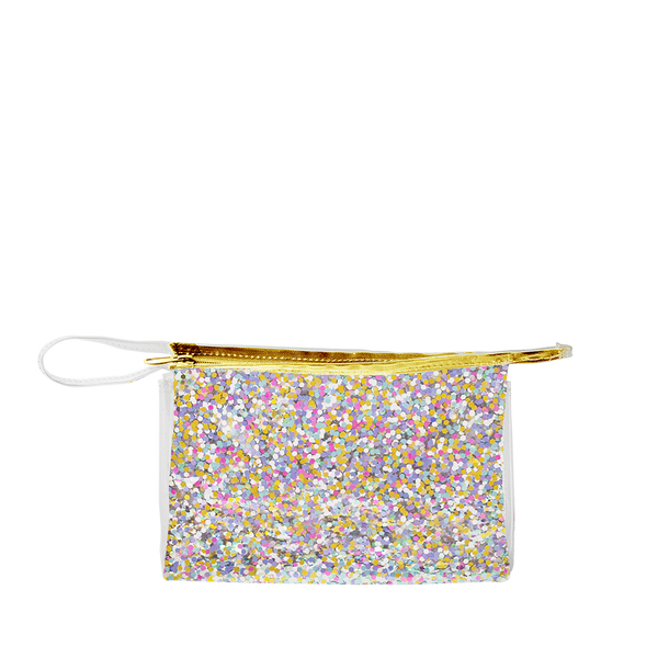 Large travel cosmetics pouch in clear vinyl with rainbow glitter confetti, a gold zipper and small looped strap.