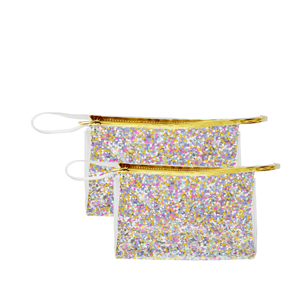 Travel cosmetics pouch in clear vinyl with glitter confetti in small and large.