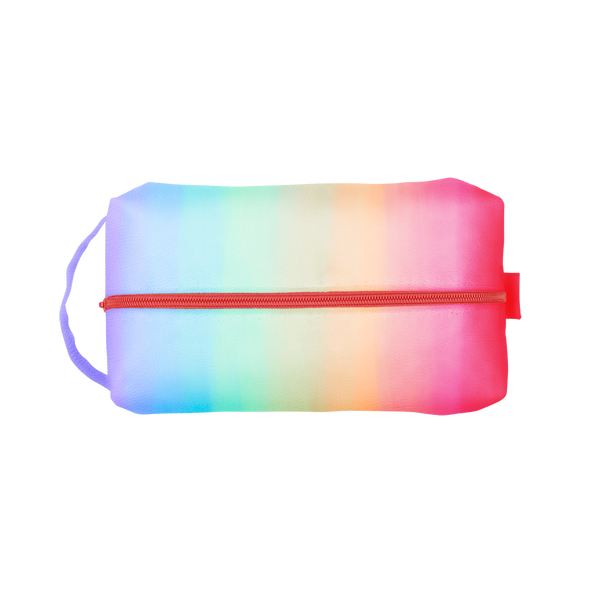 Meltdown Doppelganger is a rainbow print with a coral zipper and carrying handle.