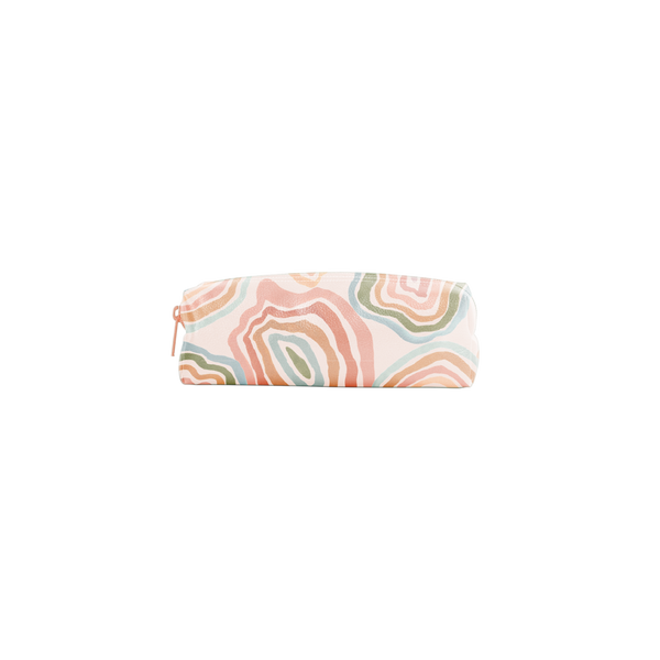 Long pouch with zipper with squiggly circles all over in pinks, reds, blues, and greens