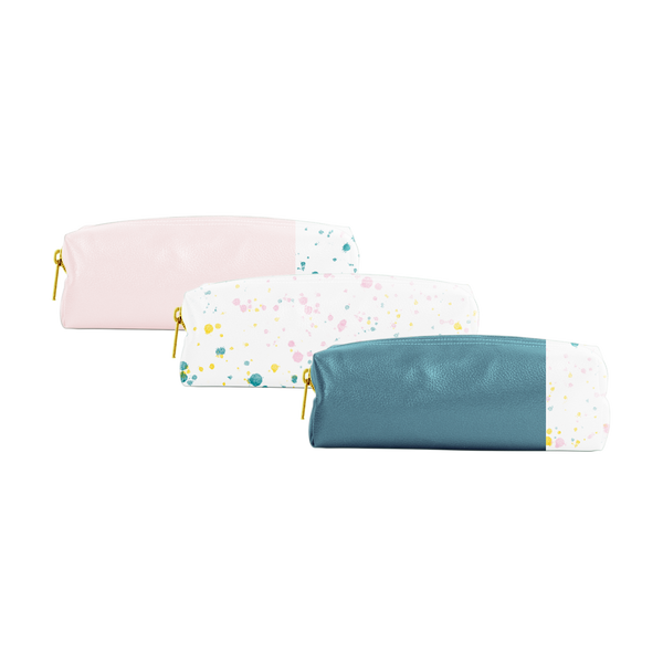 Three cute pencil pouches; spruce green with paint splatter, white with paint splatter, and blush pink with paint splatter.