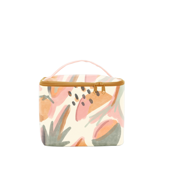Mutey Fruity Soulmate is a large toiletries bag with an abstract fruits pattern and carrying handle. 