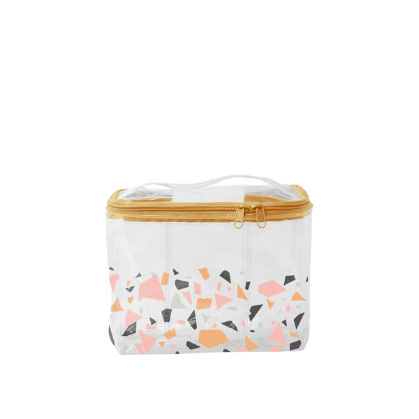 Terrazzo Soulmate is a clear vinyl, large toiletries bag with a terrazzo pattern and carrying handle. 