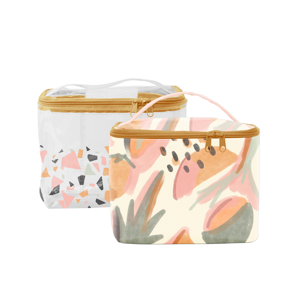 Mutey Fruity Collection Soulmate bag is a large toiletries bag in clear vinyl with terrazzo print and abstract fruits pattern.
