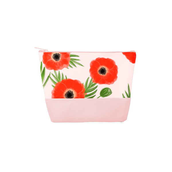 A pink, large pouch with red poppies and green leaves. Bottom of pouch is a solid blush pink color.