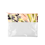 This large, cute pencil pouch is made of clear vinyl with a tropical plants patterned top with a pink zipper.