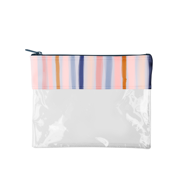 Dollface Pouch is a large pencil pouch in clear vinyl with a boho stripes detail.