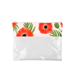 This cute pencil pouch is crafted from clear vinyl in blush pink with red poppies pattern.