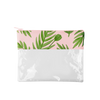 This cute pencil pouch is made of clear vinyl with a blush pink and green leaves trim.