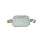 Velvet teal simple belt bag with lilac zipper and olive green strap.