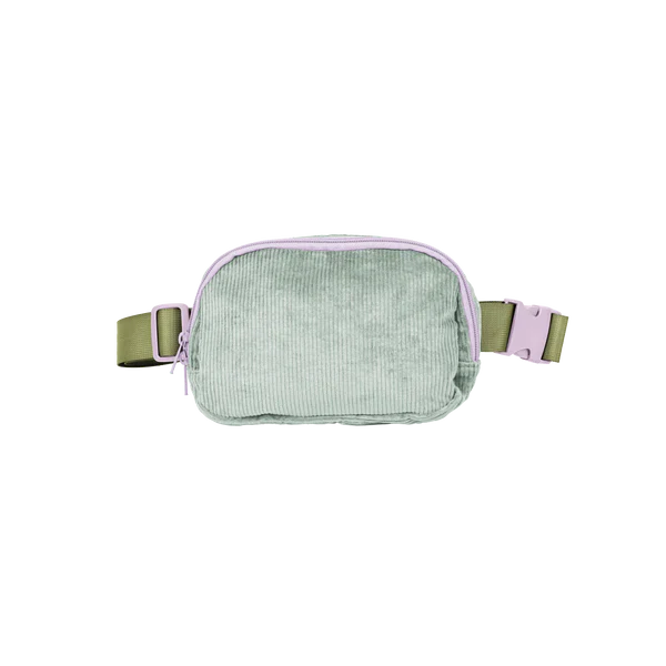 Velvet teal simple belt bag with lilac zipper and olive green strap.
