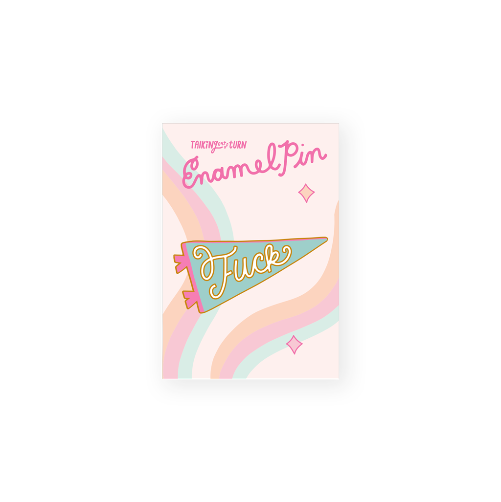 enamel pin of mint flag with word fuck in white 