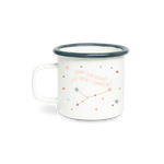 A ceramic white mug with the phrase "Sorry our zodiacs just aren't compatible," in peach colored lettering. Around the phrase are multicolored stars. Rim of mug is a navy blue.