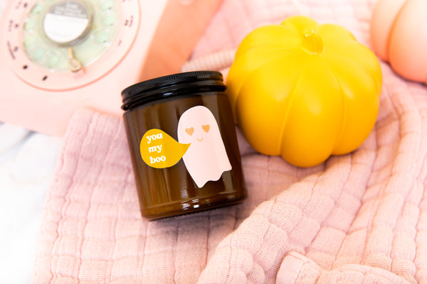 Halloween candle amber jar with lid with pink ghost and word bubble saying "you my boo";