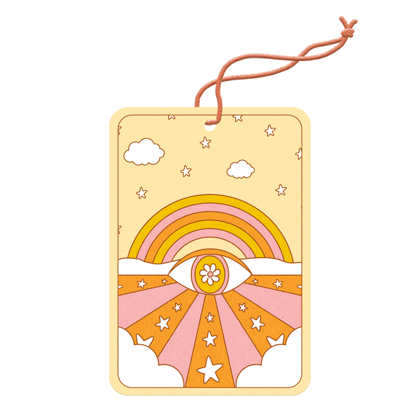 Tarot card air freshener with stars, clouds, a rainbow, and eye with a flower in it surrounded by groovy pink, yellow, and orange colors.