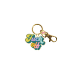 Gold key charm with teal background and "Fuck It" in rainbow letters.