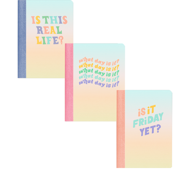 A set of three mini notebooks. The first says, "is this real life" and second has 5 rows of "what day is it?" and the third says "is it Friday yet?" 