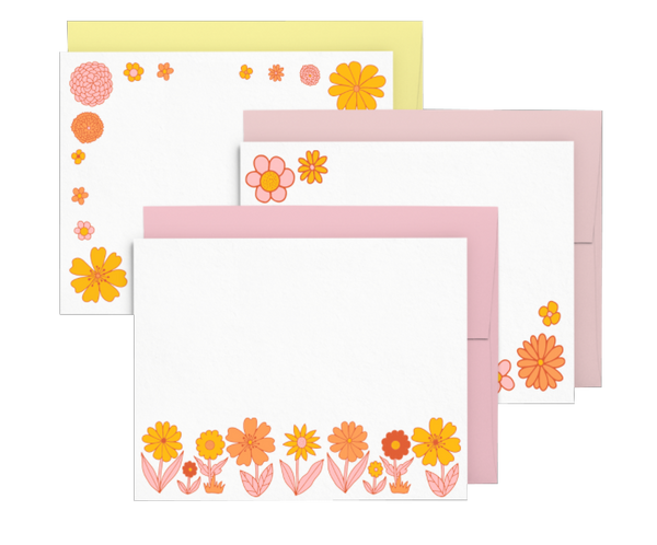 set of three cards with floral patterns with yellow envelope, pink and light pink envelopes
