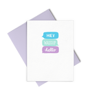 Hey Wassup Hello is a cute greeting card with blue and purple coloring and a lilac envelope.