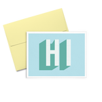 HI Dots is a cute greeting card in blue with bold HI and a yellow envelope.