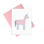 Unicorn greeting card is a pink unicorn illustration and includes a pink envelope.