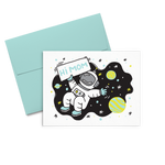 Hi Mom Space is a cute mothers day greeting card with an astronaut surrounded by planets holding a sign. 