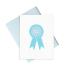 Letterpress greeting card showing a blue winning ribbon with a number one printed in the center.