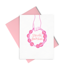 Stay Wild Flower Child is a greeting card with a hand holding a pink tambourine.
