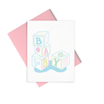 Baby cards showing four blocks with letters and illustrations on all sides in multiple colors and the letters spell out Baby. 